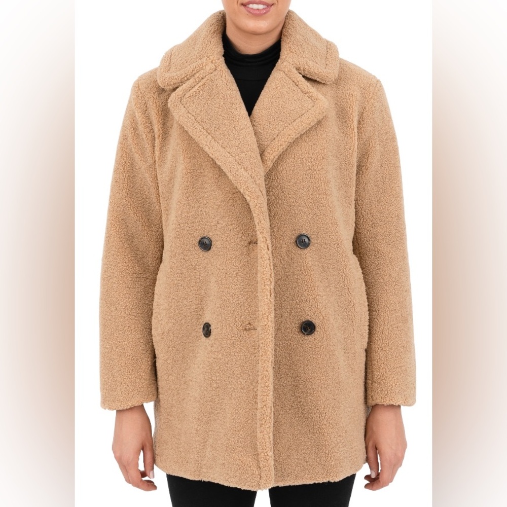 Kensie Women's Oversized Teddy Coat M Tan Sherpa Faux Fur Double Breasted